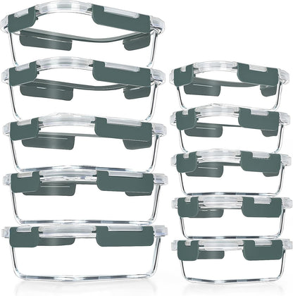 VERONES Glass Meal Prep Containers - 10 Pack Airtight, Stackable Food Storage Set with Lids | BPA-Free, Microwave & Oven Safe, Grey