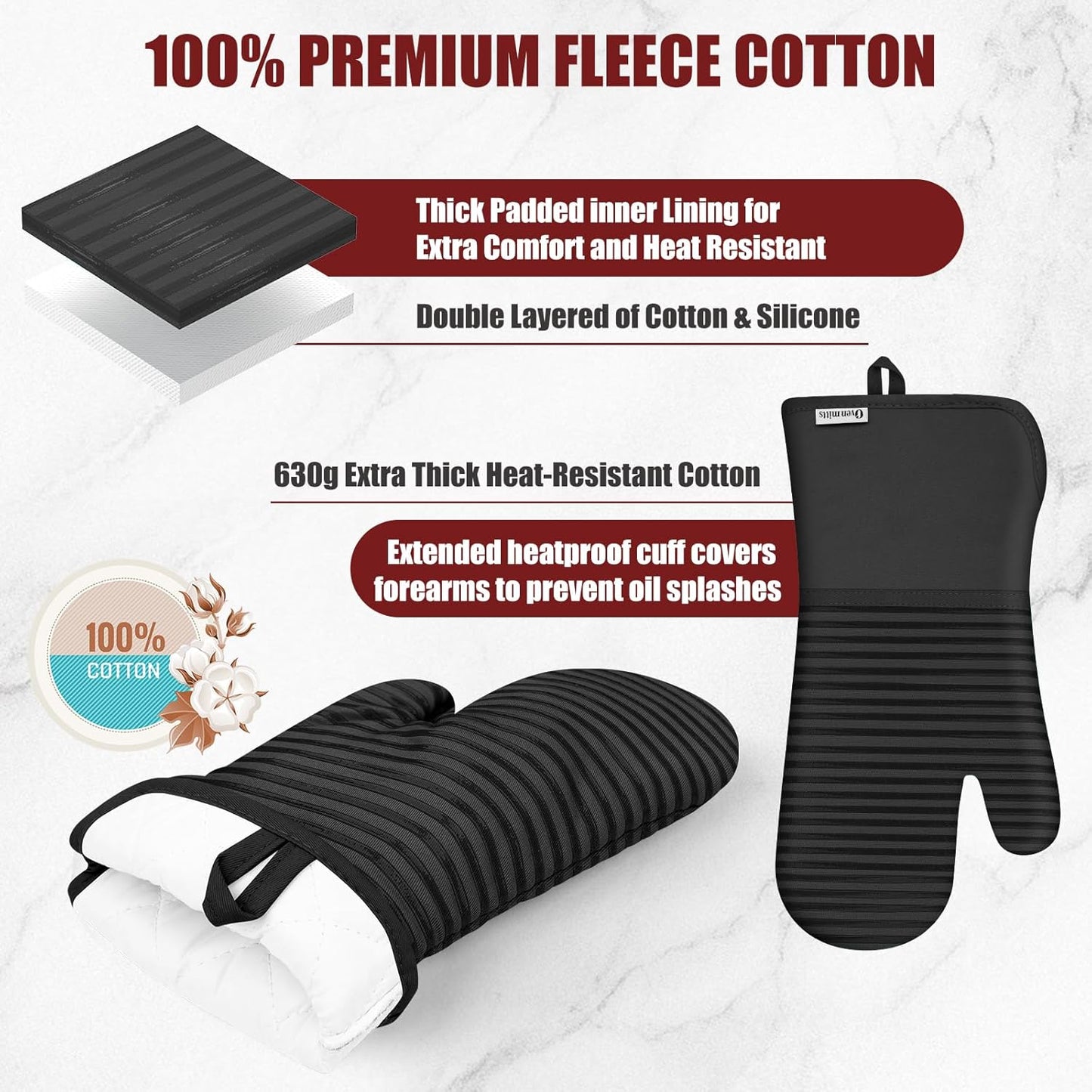 Skiennix Oven Mitts and Pot Holder Set - 500°F Heat Resistant Silicone Grip | 6-Pack Black Cotton Kitchen Essentials
