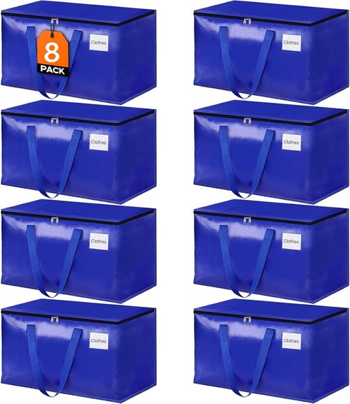 HomeHacks Heavy-Duty Moving Bags - 8-Pack Storage Totes with Strong Zippers & Handles | 93L (Blue)