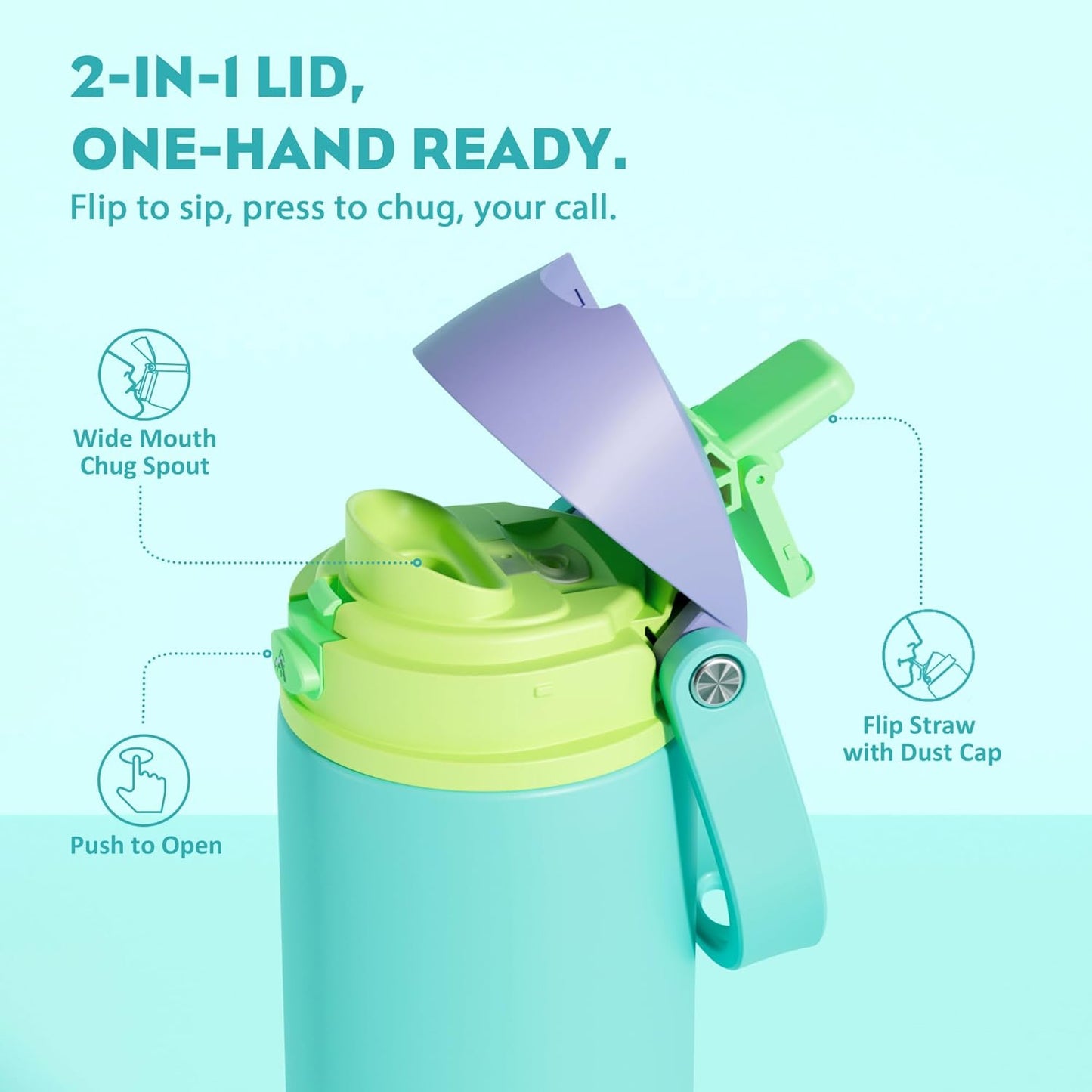 POWCAN 18 oz Insulated Water Bottle - 2-in-1 Push-Button Spout & Quick-Flip Straw | Leakproof, Cold for 24Hrs, Fits Car Cup Holder, Stainless Steel (Sea Princess)