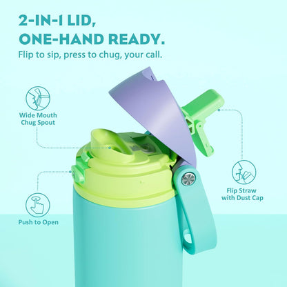POWCAN 18 oz Insulated Water Bottle - 2-in-1 Push-Button Spout & Quick-Flip Straw | Leakproof, Cold for 24Hrs, Fits Car Cup Holder, Stainless Steel (Sea Princess)
