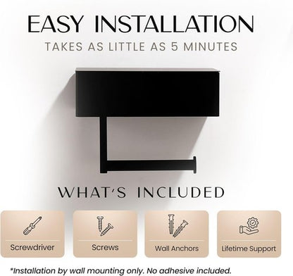 Day Moon™ Toilet Paper Holder - Modern Wall-Mounted Roll Holder with Storage - Black Finish