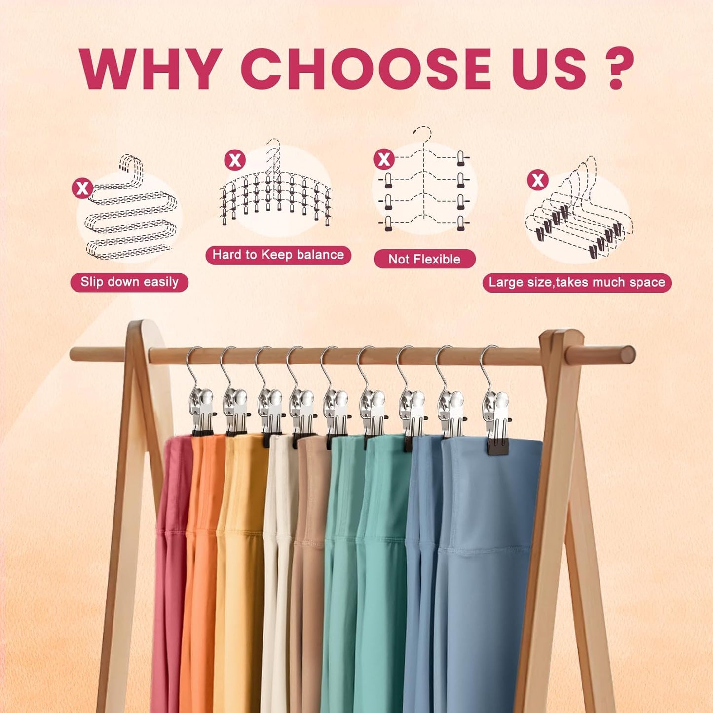 Skiennix 30-Pack Pants Hangers - Space-Saving Clip Organizers for Leggings, Jeans & Skirts