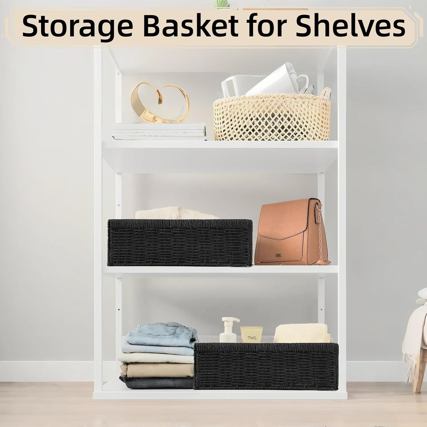 Paper Rope Storage Basket - 2 Pack Foldable Wicker Bins with Handles | Large Decorative Organizers for Bathroom