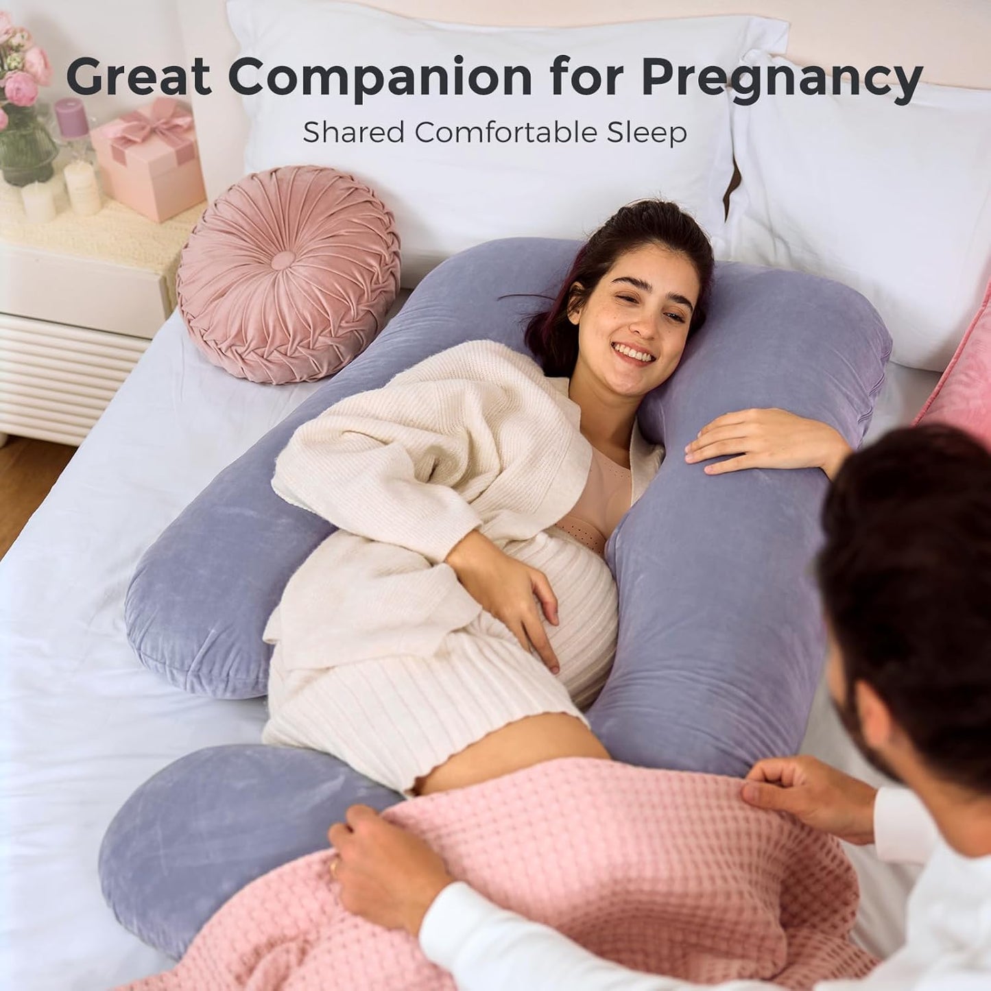Momcozy U-Shaped Pregnancy Pillow - Full Body Support for Back, Legs & Belly | 57 Inch, Grey