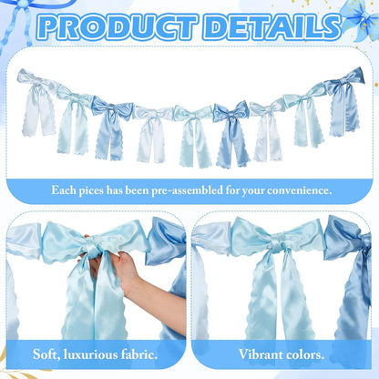 VitalCozy Blue Bow Garland - Pre-Strung Satin Ribbon Decor for Coquette Party & Bridal Showers