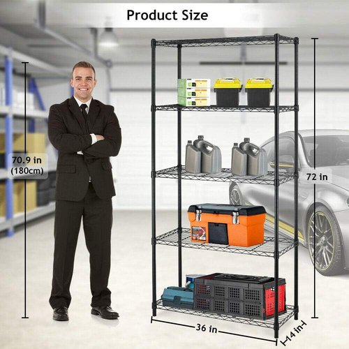 BestOffice 5-Tier Wire Storage Shelves - Heavy-Duty Metal | Adjustable Racks | 36x14x72 | Black | Holds Up to 1000 lbs | No-Tool Assembly for Home & Garage