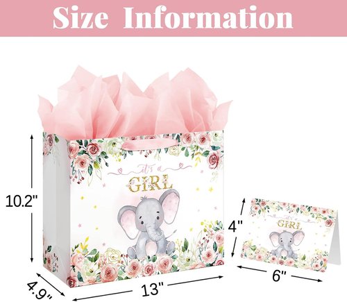 Laidans Large Pink Floral Elephant Baby Shower Gift Bag - Includes Tissue Paper & Card