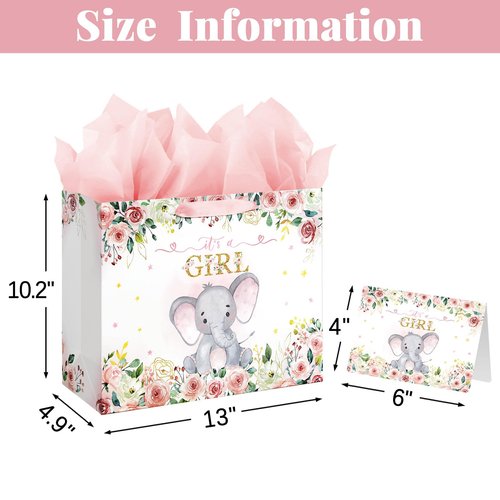 Laidans 13" Large Baby Shower Birthday Gift Bag for Girl with Tissue Papers and Card Pink Floral Elephant Design with Handles (Large Pink)