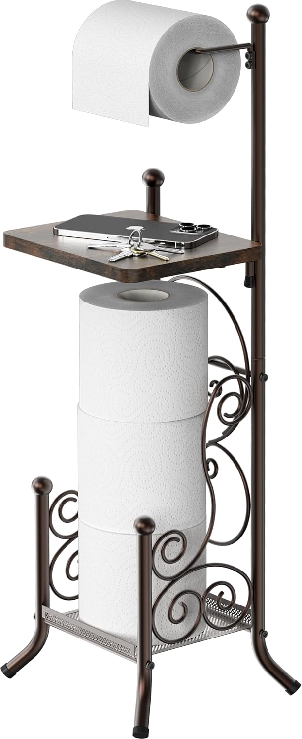 Simple Houseware Toilet Tissue Roll Holder Stand - English Style with Shelf in Bronze Finish