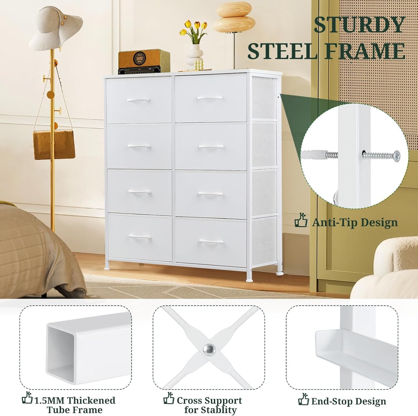 Regine Switzerland 8-Drawer Dresser - Anti-Tip Storage Organizer with Wooden Top & Metal Frame | White