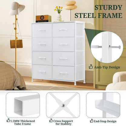 8-Drawer Dresser for Bedroom, Anti-Tip Tall Storage Organizer Chest of Drawers with Wooden Top and Metal Frame Fabric Bins for Closet, Living Room, Hallway, Entryway, White