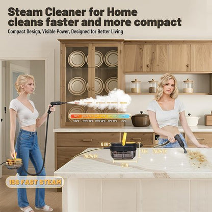 Gautye Steam Cleaner - Portable 3-Level Adjustable Handle | 15s Heat Up, 1.69 Quart Tank, 15 Accessories