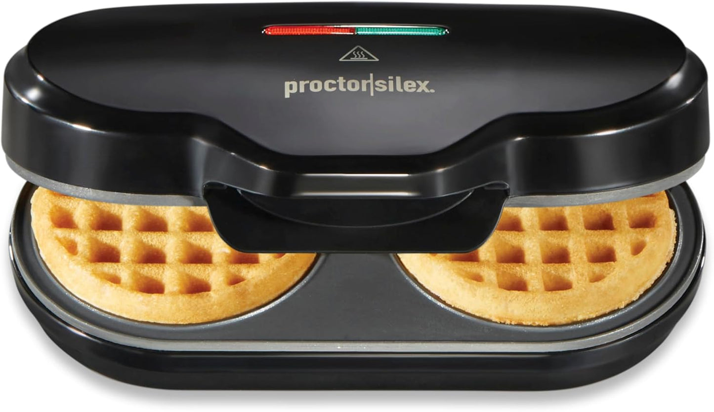 Proctor Silex Mini Waffle Maker - Non-Stick 4” Grids for Keto Chaffles & Hashbrowns | Compact Black Design