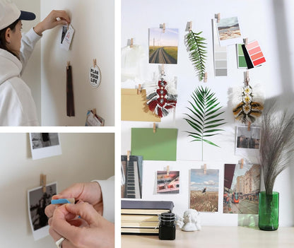 Skiennix Mini Self-Adhesive Clips - 20 Pack Beige Wood Photo Holders for Wall Display & Artwork Decor