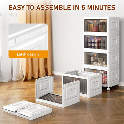 Skiennix 4-Tier Storage Bins - Stackable Closet Organizers with Lids & Wheels | 23QT Foldable Plastic Containers - White