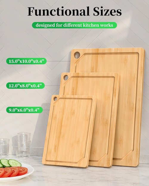 **Skiennix Kitchen Cutting Board Set - 3-Piece Wooden Boards with Juice Groove & Handles | Natural Finish**