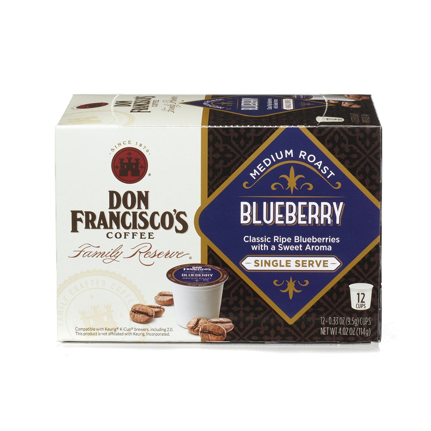 Don Francisco's Blueberry Flavored (12 Pods) Single Cup Coffee Pods, Compatible with Keurig K-Cup Machines