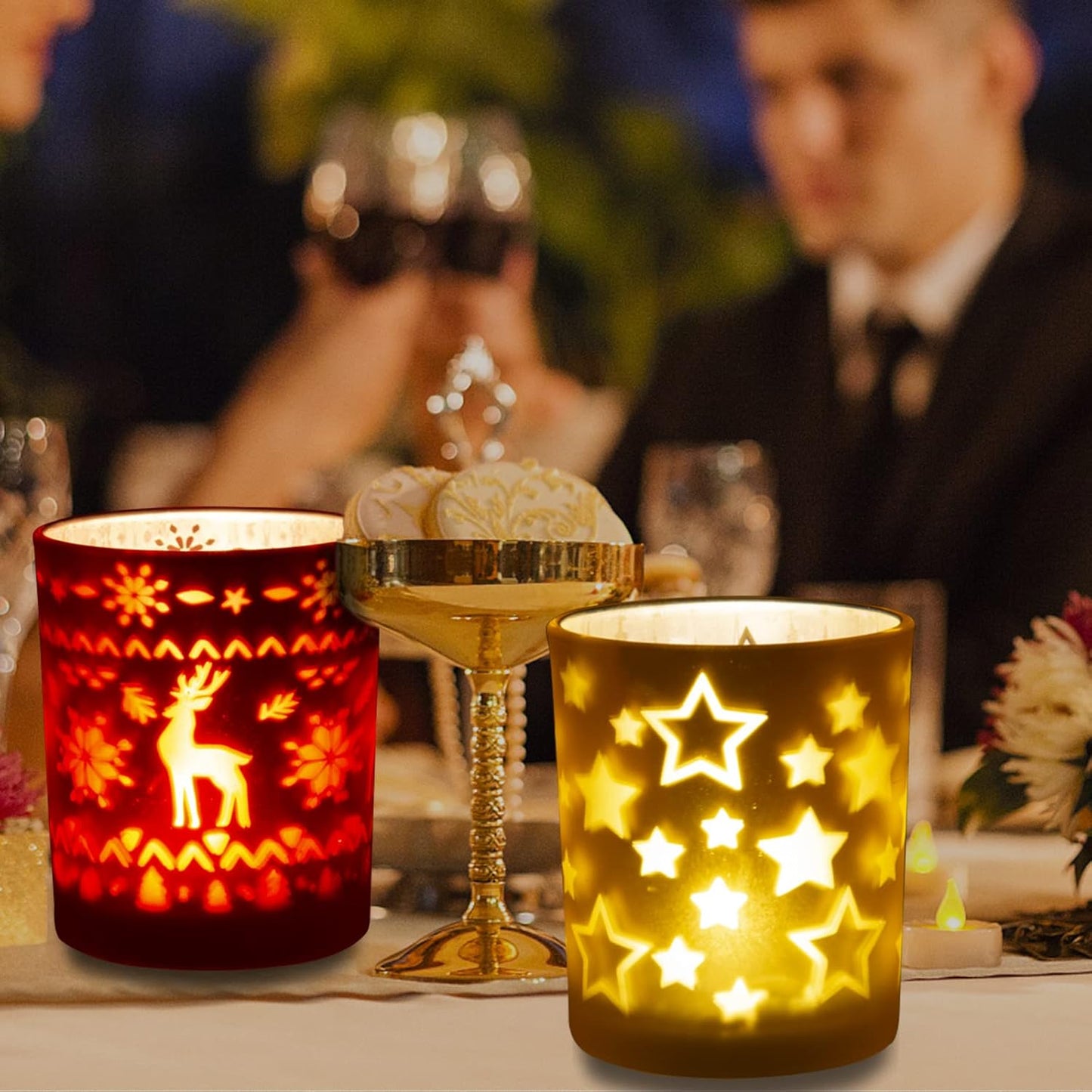 Rancco Tealight Candle Holders - Festive Indoor Christmas Decor | Elk, Tree & Star Designs, 3.3x2.6in