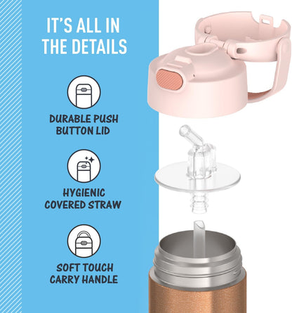THERMOS FUNTAINER 12 Ounce Stainless Steel Kids Straw Bottle - Vacuum Insulated, Rose Gold