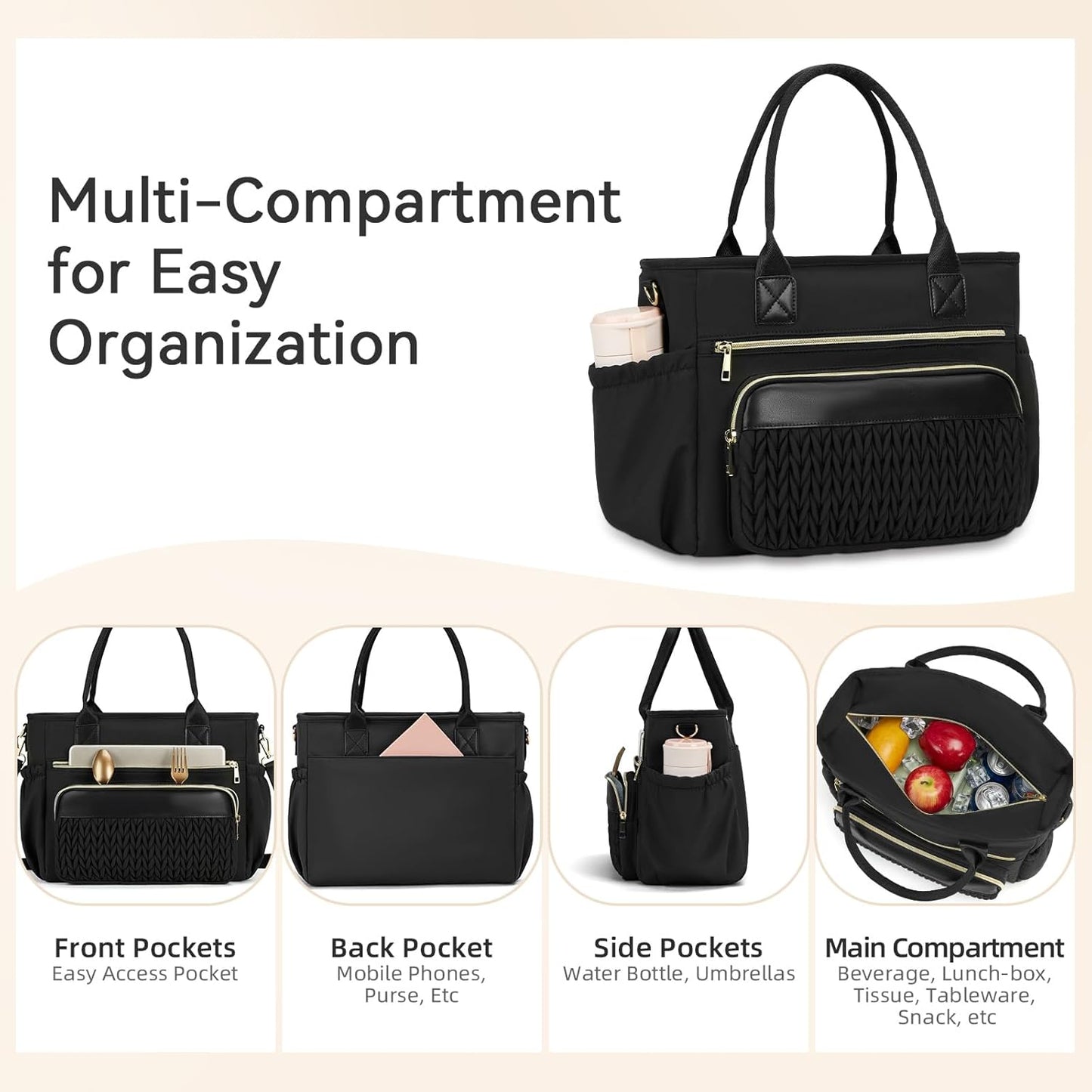 Skiennix Insulated Lunch Bag - Leakproof Tote with Adjustable Straps & Side Pockets | Classic Black