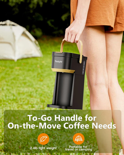 Skiennix Single Serve Coffee Maker - Portable Mini Brewer for K Cups & Grounds | 6-12 Oz, Black & Gold