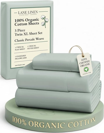 **LANE LINEN 100% Organic Cotton Twin XL Sheet Set - Extra Long, 15" Deep Pocket, Naturally Temperature Regulating - Cool Blue**