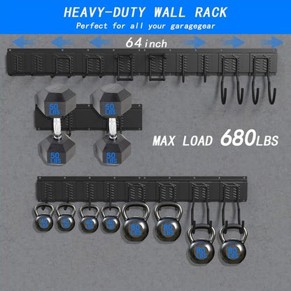 CBWLWJ Garage Tool Organizer - Heavy Duty 680 lbs Capacity Wall Mount Rack with 10 Adjustable Hooks | Black