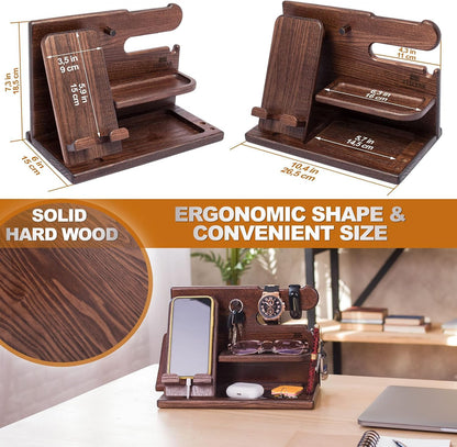 TESLYAR Wood Phone Docking Station - Elegant Desk Organizer for Men | Key Holder & Watch Stand (Bourbon Brown)