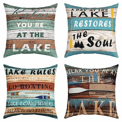 Feelyou Lake Throw Pillow Covers for Couch Sofa Bed, Set of 4 Wood Grain Lake Theme Decorative Pillows Cushion Covers,Farmhouse Blue Red Brown Pillow Inserts Not Included, 18x18 inch