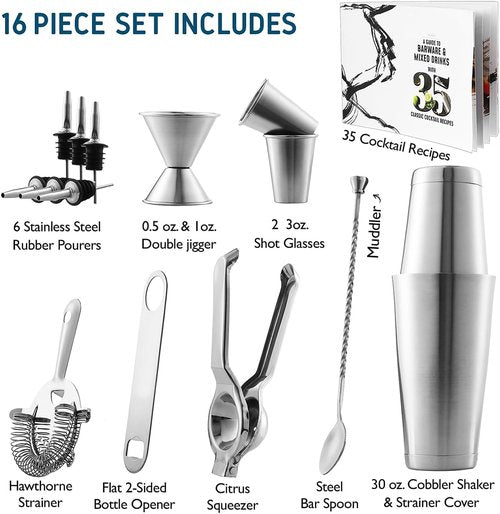 Bar Set Cocktail Shaker Kit - 16-Piece Stainless Steel Mixology Tools | Includes 30oz Martini Shaker, Muddler & Recipe Book