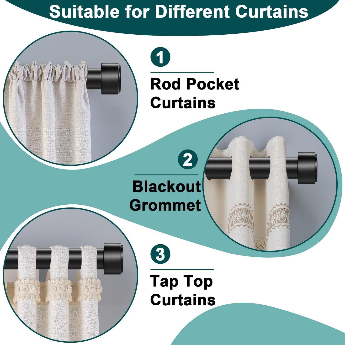 Treije Curtain Rods 18-60 Inch, 1" Heavy Duty Adjustable Curtain Rod for Windows, Black Window Treatment Rod, Modern Design, Easy Installation