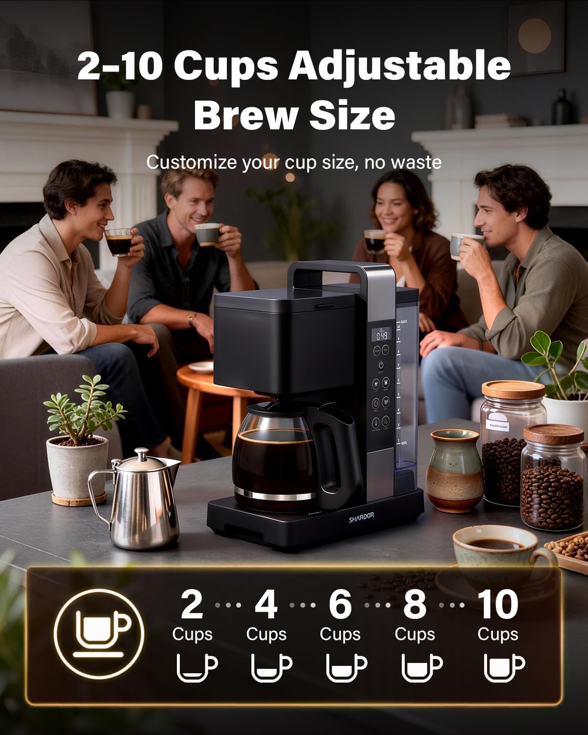 SHARDOR 10-Cup Coffee Maker - Programmable Drip Machine with Adjustable Brew Strength & Keep-Warm Control, Black