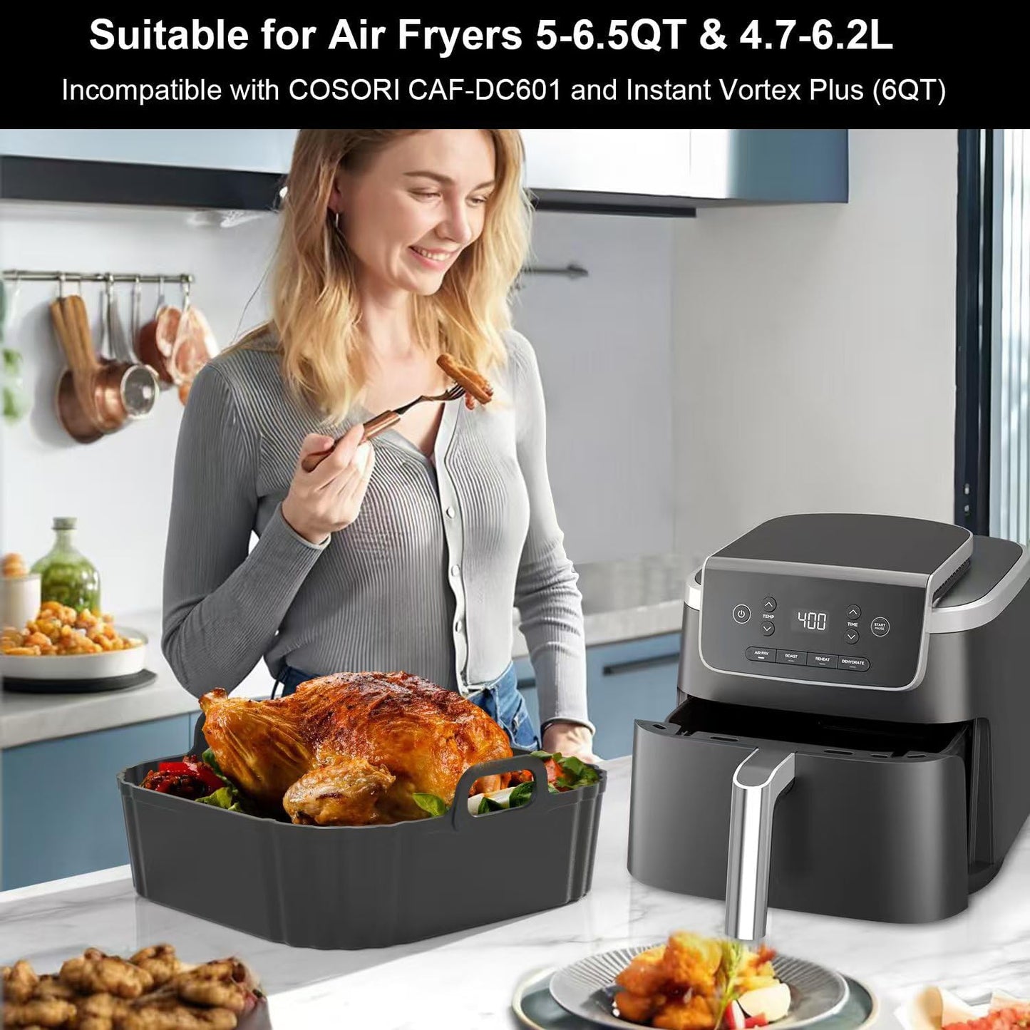 Square Silicone Air Fryer Liners by [Brand Name] - Reusable 8.5 Inch Accessories for Ninja AF141 & COSORI 5-6.5 QT