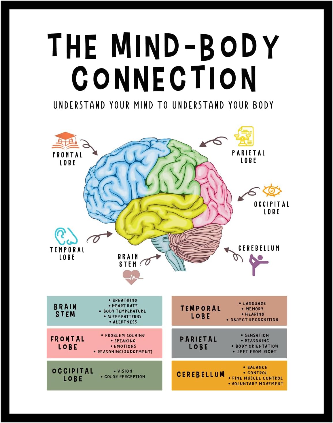 Mind Body Connection Poster - Human Brain Anatomy Print for Therapy Office Decor | 8x10 Inch Unframed