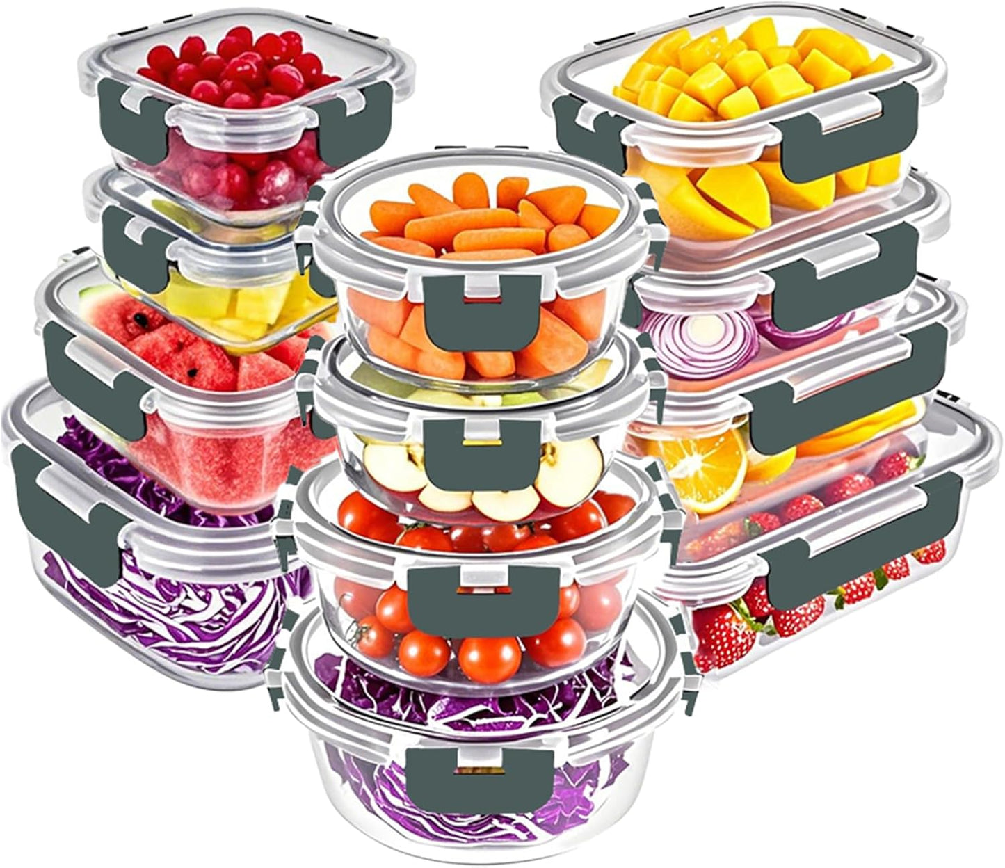 VERONES Glass Food Storage Containers Set - 12 Airtight Meal Prep Containers with Lids | BPA-Free, Microwave & Oven Safe, Grey