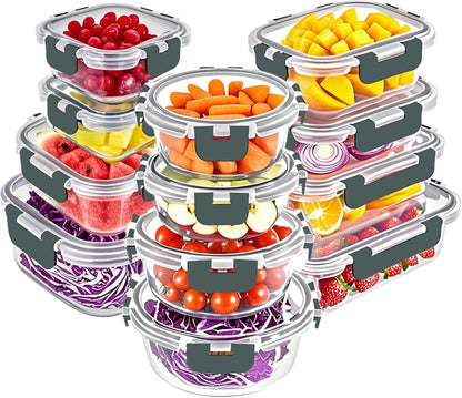VERONES Glass Food Storage Containers Set - 12 Airtight Meal Prep Containers with Lids | BPA-Free, Microwave & Oven Safe, Grey