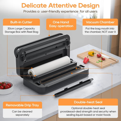 Skiennix Vacuum Sealer Machine - 90Kpa Food Preservation with Dry/Moist Modes & Built-in Cutter