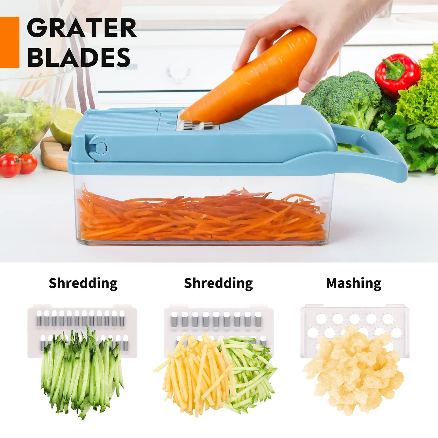 Vegetable Chopper, Pro Onion Chopper, 14 in 1Multifunctional Food Chopper, Kitchen Vegetable Slicer Dicer Cutter,Veggie Chopper With 8 Blades,Carrot and Garlic Chopper With Container(blue)