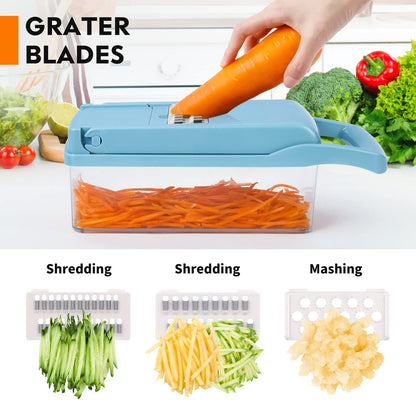 Vegetable Chopper, Pro Onion Chopper, 14 in 1Multifunctional Food Chopper, Kitchen Vegetable Slicer Dicer Cutter,Veggie Chopper With 8 Blades,Carrot and Garlic Chopper With Container(blue)