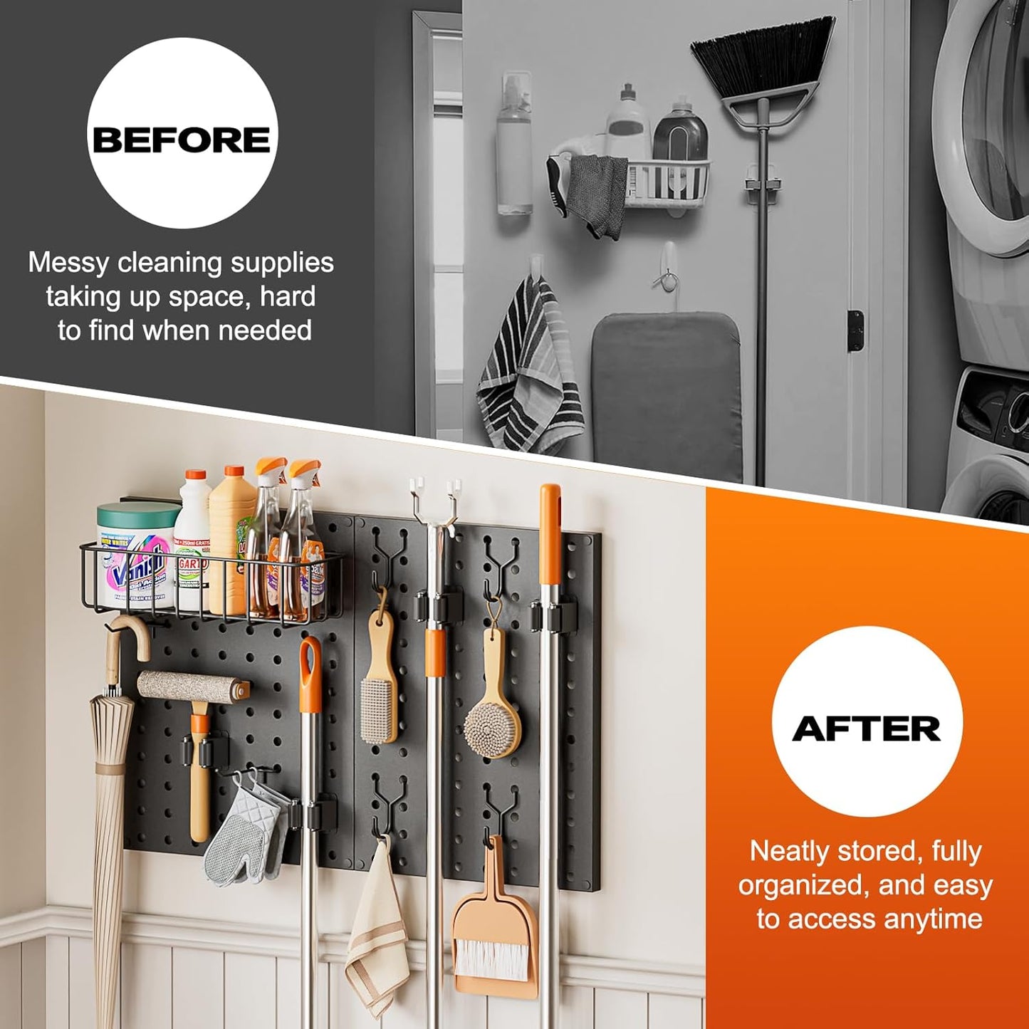 Peg Board Wall Organizer by Broom Holder - Mop Hanger with Gripper Hooks & Basket for Laundry Room Storage
