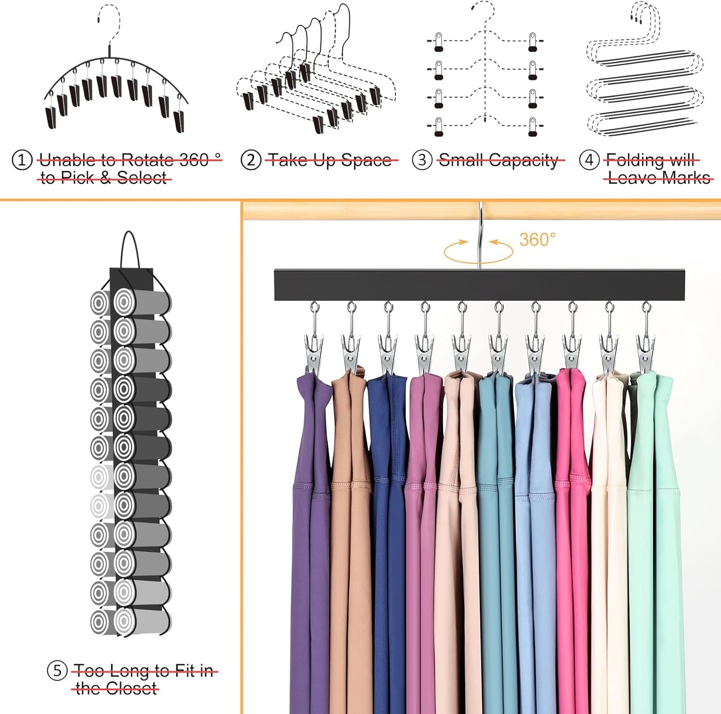 Skiennix Legging Organizer - 360° Rotating Pants Hangers with Clips for 20 Leggings & Jeans | 2-Pack