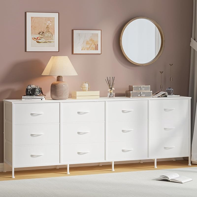 12-Drawer Long Fabric Dresser Wide Storage Chest TV Stand - White
