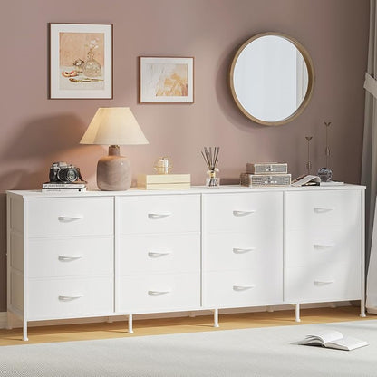 12-Drawer Long Fabric Dresser Wide Storage Chest TV Stand - White