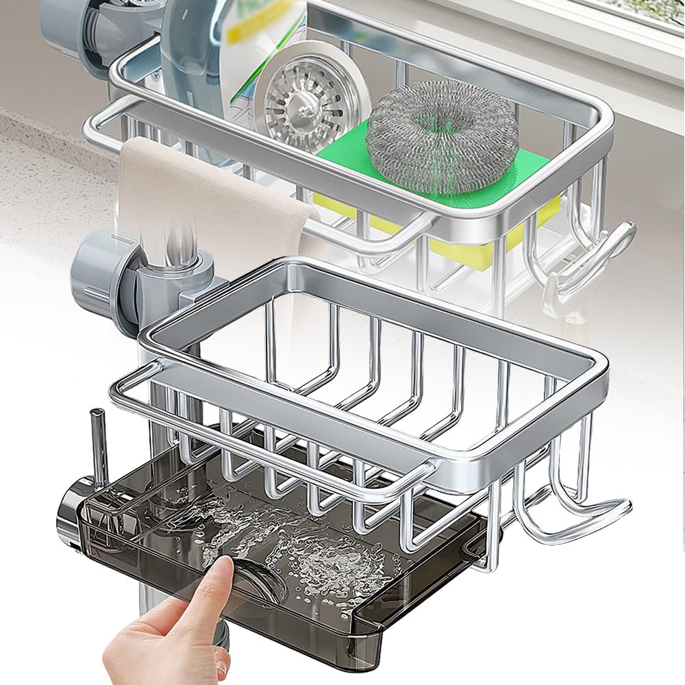 Upgrade Kitchen Sink Faucet Organizer, Multifunction Kitchen Sink Organizer Over Faucet, Adjustable Dish Sponge Holder Over Faucet Sink Rack Organizer for 0.7-1.1inch Round Water Pipe (Silver, Right)