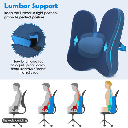 jiaao Lumbar Support Pillow Office Chair and Car Seat Back Support, Ergonomic Back Cushion Promotes Back Pain Relief - Memory Foam with Adjustable Strap and Small Support Cushion - Blue