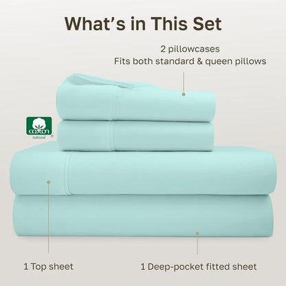 California Design Den Queen Size Bed Sheets Set - 100% Cotton, 400 Thread Count, Smooth Sateen Finish, Seafoam