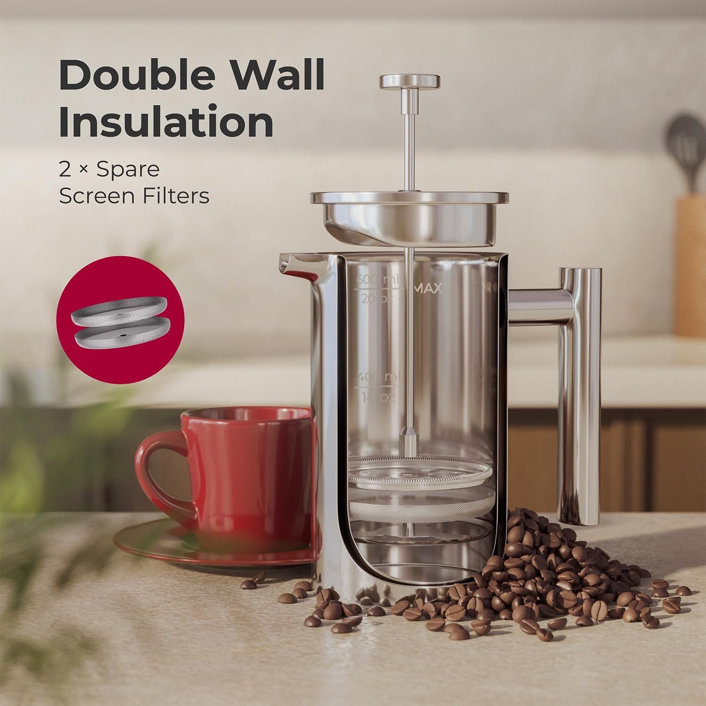 MuellerLiving French Press Coffee Maker - 20oz Stainless Steel, Double Insulated & Dishwasher Safe