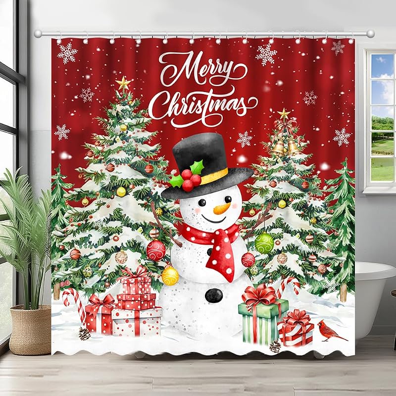 Christmas Shower Curtain 72 x 72 in – Santa, Snowman & Tree Design with 12 Hooks
