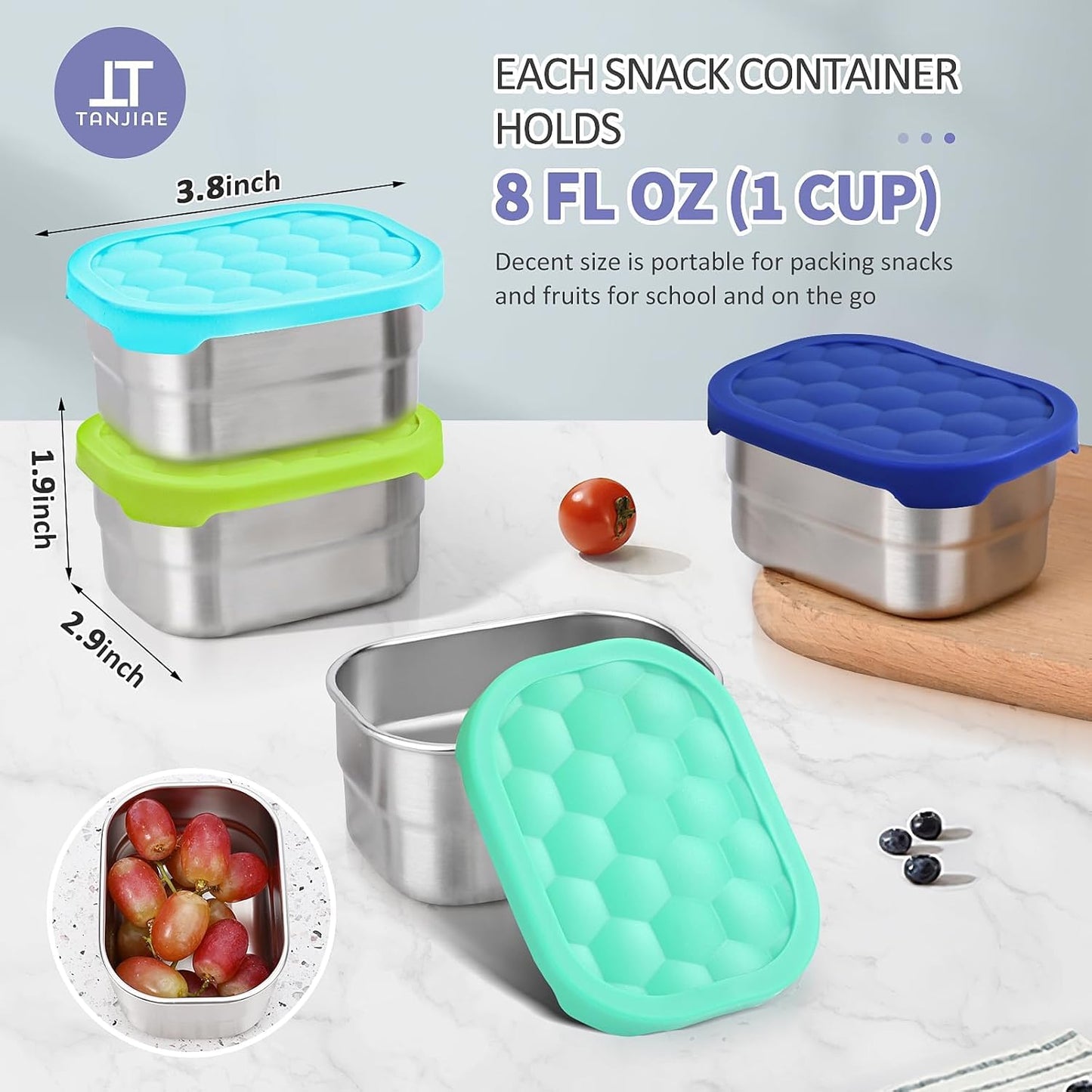 Tanjiae Stainless Steel Snack Containers - 4-Pack 8oz | Reusable Toddler Lunch Boxes with Silicone Lids